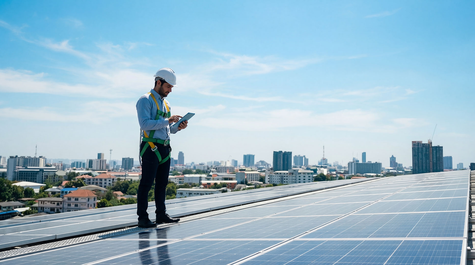 Property management professional inspecting the rooftop of a commercial property