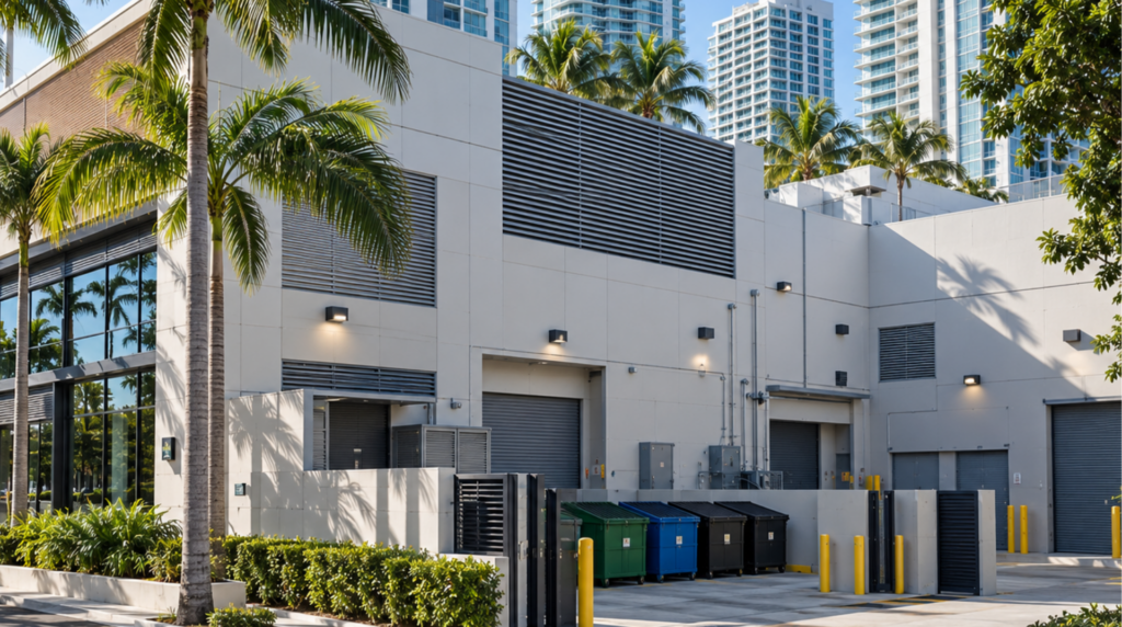 Commercial property waste and recycling containers in a designated service area