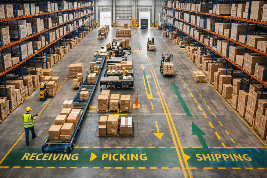 Warehouse layout showing racking aisles and efficient flow of goods and equipment